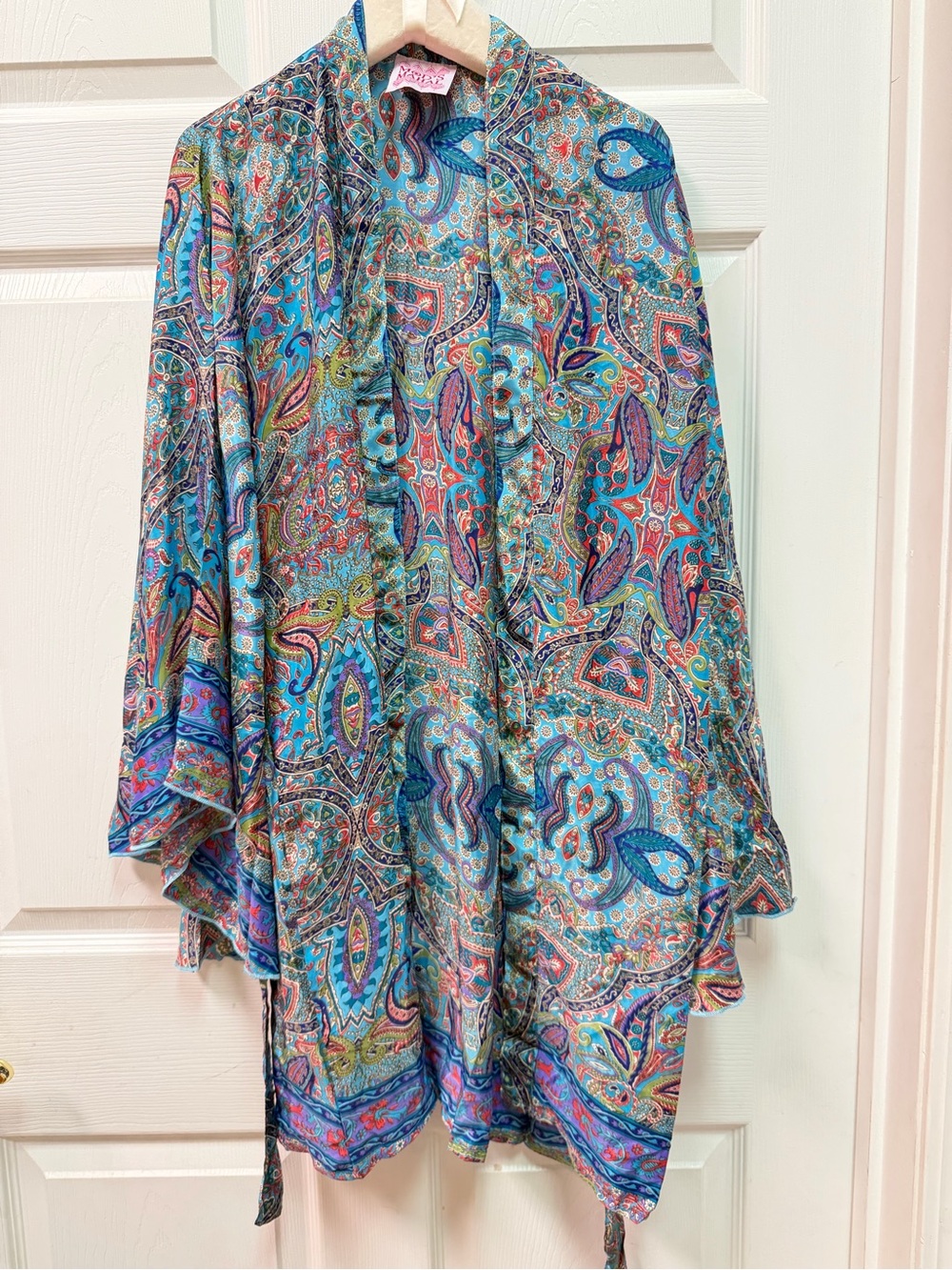 Mods Mahal Silk Paisley Print Kimono Robe in Teal & Coral